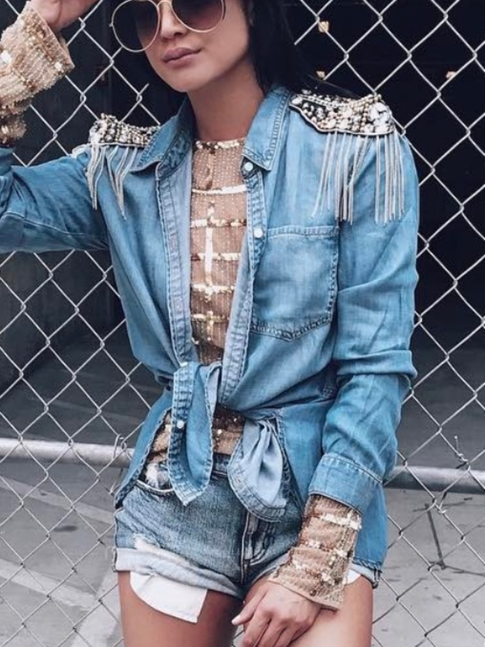 Beaded Fringe Denim Tie-Front Shirt - Light Blue